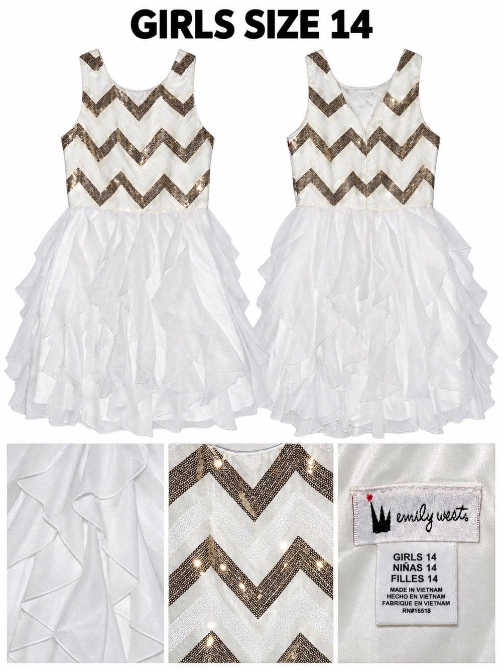 Emily West White Dress with Gold Sequin Chevron Bodice